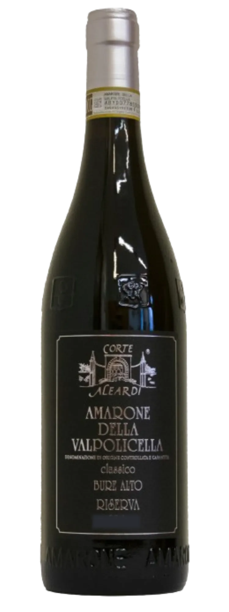 Dette billede viser en flaske Amarone della Valpolicella Classico Riserva fra Corte Aleardi, en italiensk rødvin kendt for sin fyldige og komplekse smag.