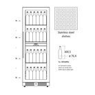 Specifikationstegninger af SV382B vinkøleskab forfra, hvor man kan se alle rødvinsflaskerne i.