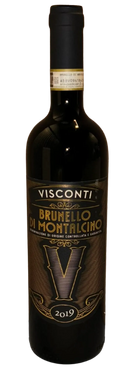 Billedet viser en flaske Visconti Brunello di Montalcino 2019, en rødvin fra den berømte vinregion Montalcino i Italien, kendt for sin intense smag og fyldige karakter.