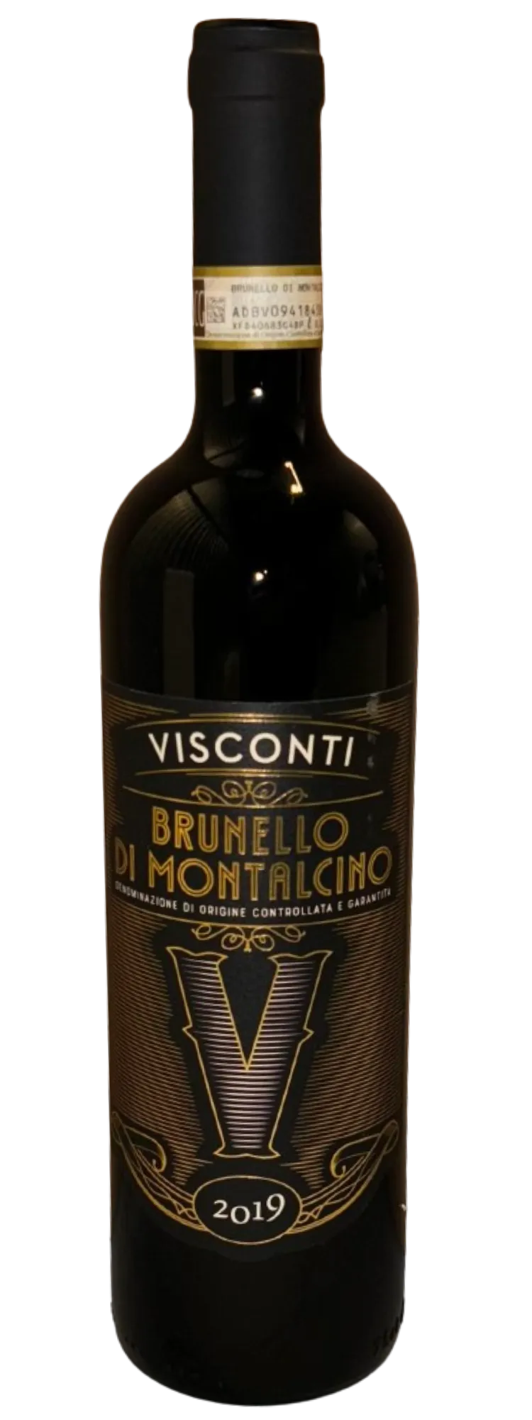 Billedet viser en flaske Visconti Brunello di Montalcino 2019, en rødvin fra den berømte vinregion Montalcino i Italien, kendt for sin intense smag og fyldige karakter.