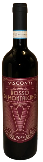 Billedet viser en flaske Visconti Rosso di Montalcino 2022, en rødvin fra Montalcino-regionen i Italien. Denne vin er kendt for sin ungdommelige og frugtige karakter, ideel til dem, der ønsker en lettere rødvin fra samme område som den berømte Brunello.