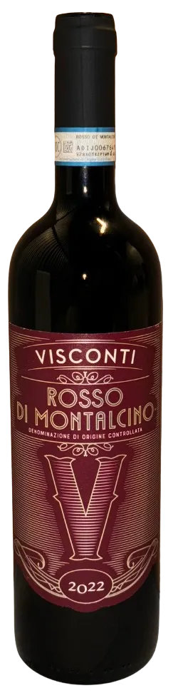 Billedet viser en flaske Visconti Rosso di Montalcino 2022, en rødvin fra Montalcino-regionen i Italien. Denne vin er kendt for sin ungdommelige og frugtige karakter, ideel til dem, der ønsker en lettere rødvin fra samme område som den berømte Brunello.